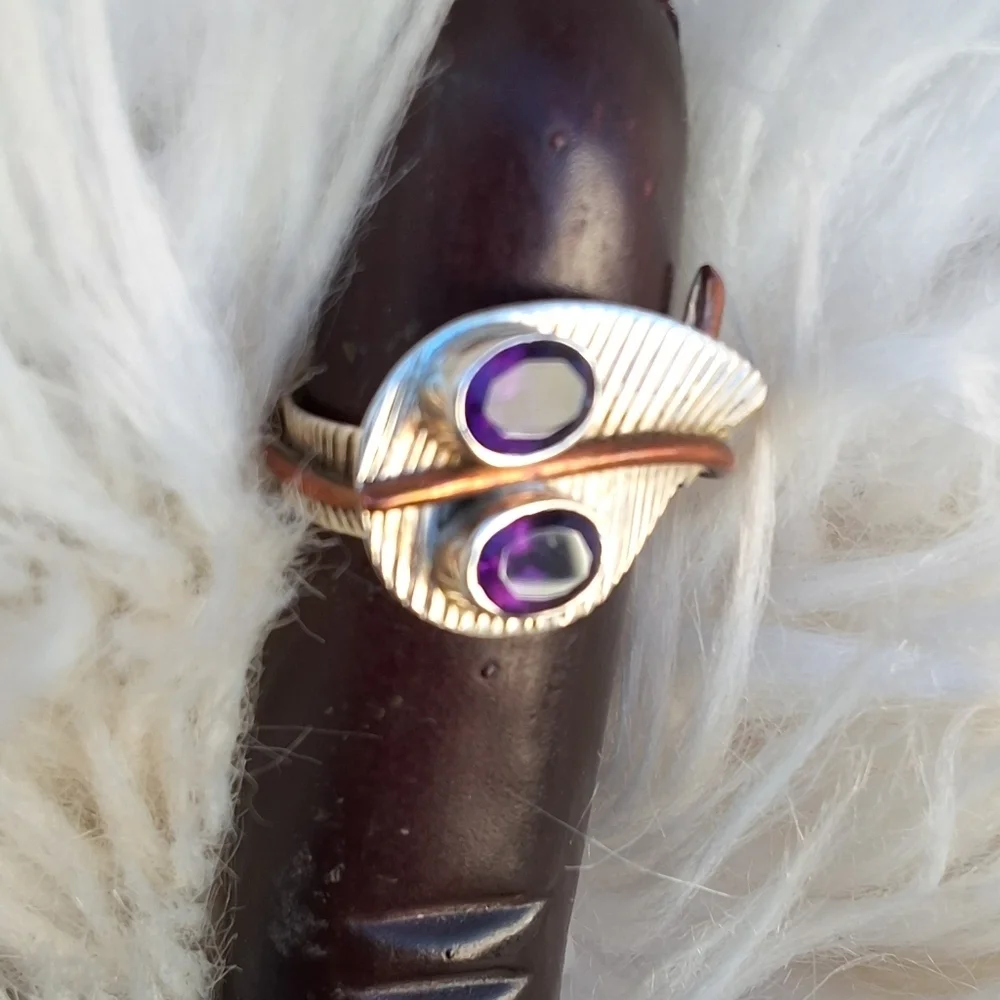 Sterling Silver Amethyst Leaf Design Bypass Ring 9